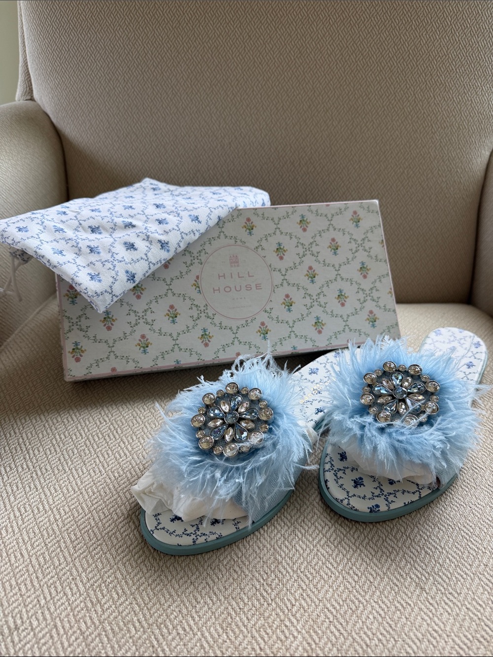 Hill House Light Blue Feather & Crystal Embellished Mules